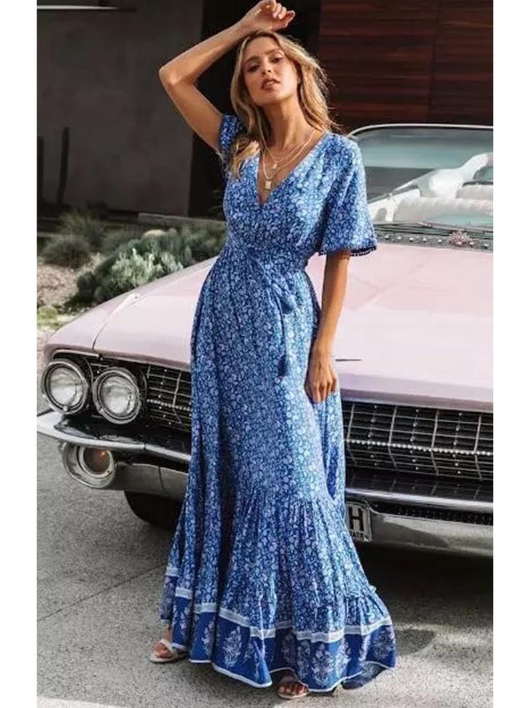 Bohemian Style Maxi Dress In Blue Print