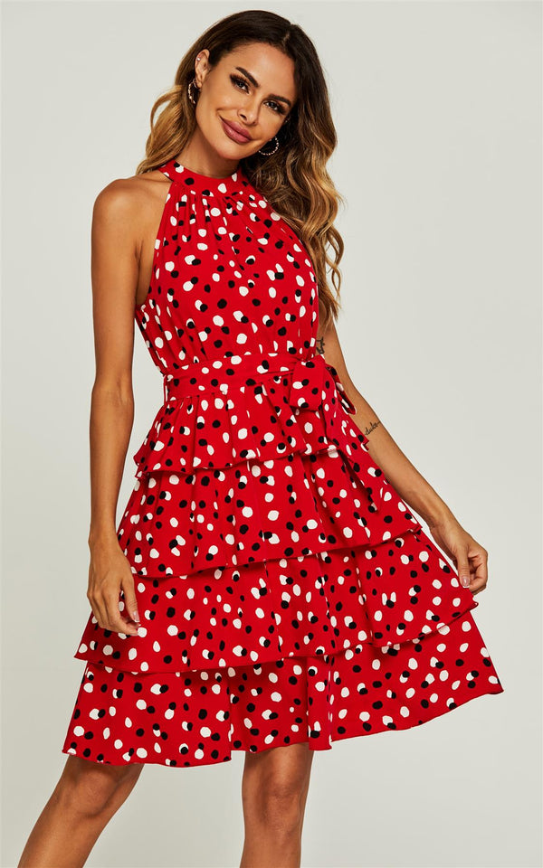 High Neck Back Detail Cold Shoulder Ruffle Dress In Red Dot Print