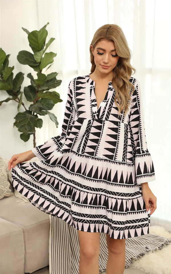 Aztec Smock Tunic Mini Dress In Black