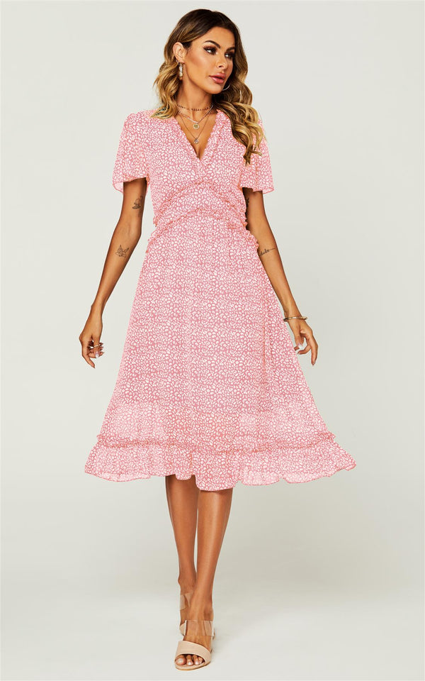 Angel Sleeve Frill Detail V Neck Midi Dress In Pink Leopard Print