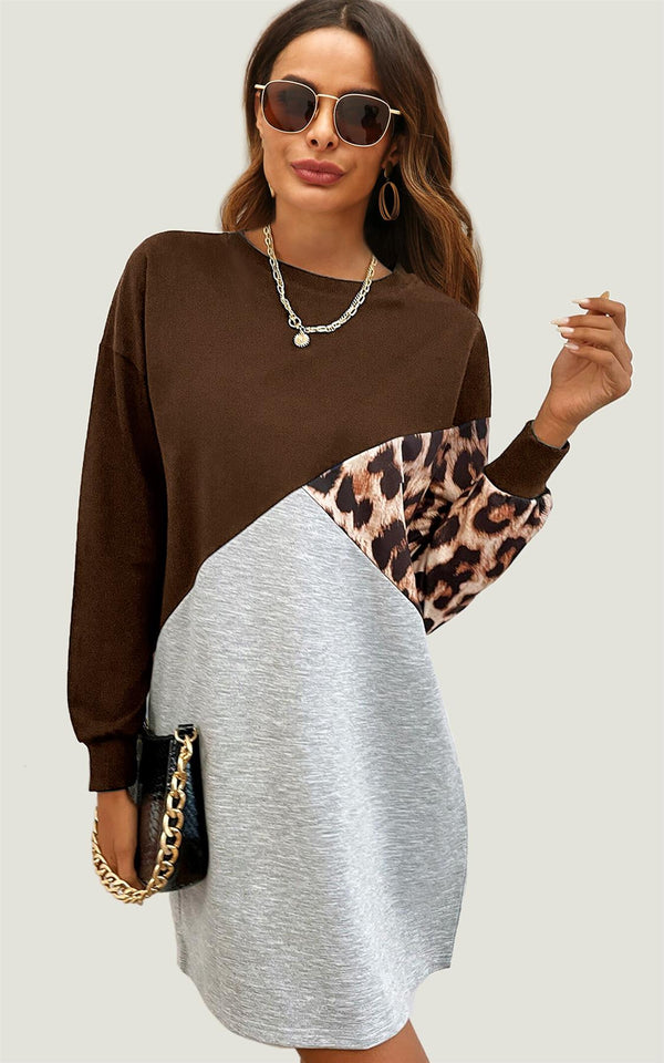 Leopard Print Relaxed Colour Block Top Dress In Brown & Grey