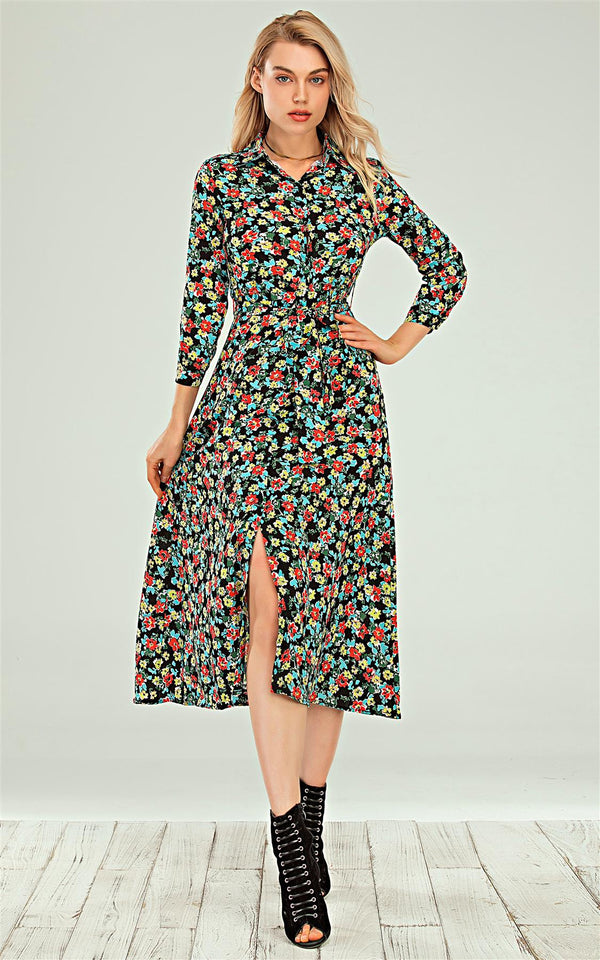 Shirt Dress In Black & & Red Blue Yellow Ditsy Floral Print