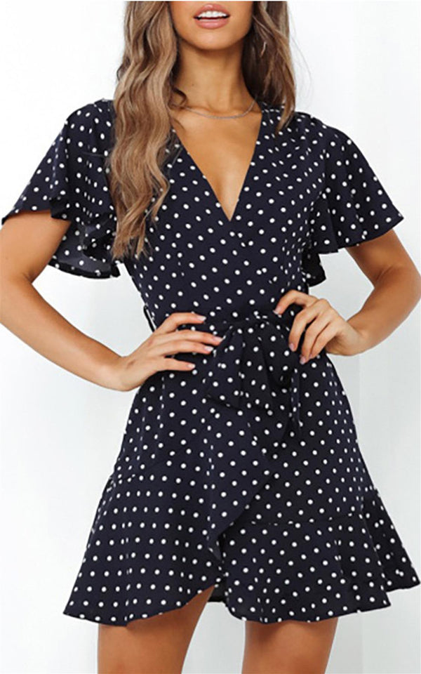 Angel Sleeve Skater Dress In Navy And White Polkadot