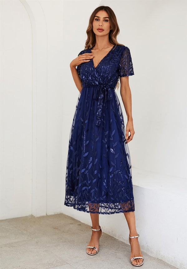 Short Sleeve Wrap Top Sequin Leaf Embroidered Maxi Dress In Navy